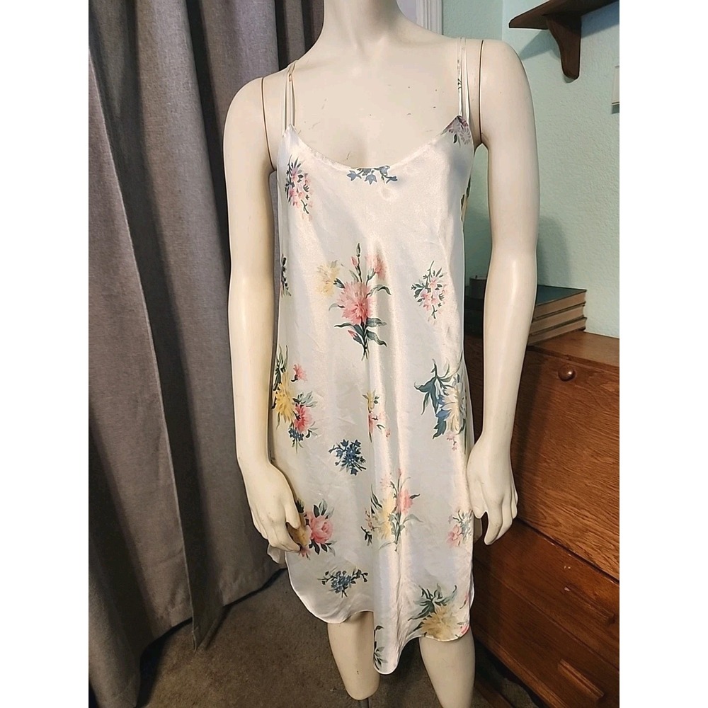 Nordstrom Lingerie Satin Chemise Slip Nightgown Women's Size L Cream Floral